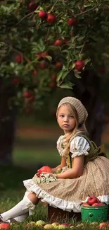 Young girl in a quaint orchard with red apples on a serene afternoon.