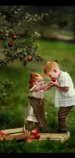 Two children picking apples in a lush green orchard, with a vintage, charming feel.