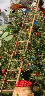 Rustic ladder in apple orchard with wildlife on mobile wallpaper.