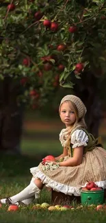 Girl in vintage dress sitting in orchard with apples.