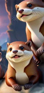 Animated otters playing in a mystical forest, perfect for nature fans.