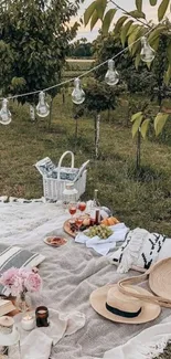 Charming outdoor picnic setup with blankets and trees.