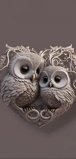 Intricate heart-shaped owl design wallpaper in earthy gray tones.