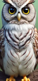 Adorable owl perched on a branch with captivating eyes and intricate feathers.