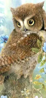 Charming owl resting on a branch with colorful flowers in the background.