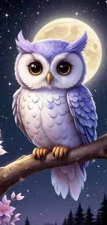 A mystical purple owl perched under a glowing full moon.