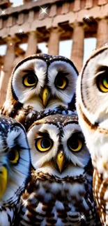 A group of owls with golden eyes in front of ancient ruins.