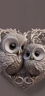 Intricate owl heart design mobile wallpaper in soft taupe tones.