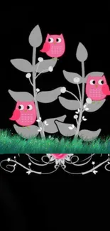 Whimsical pink owls on black background.