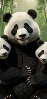 Panda family sitting in a lush bamboo forest.