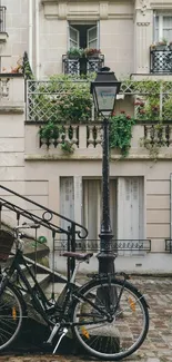 Vintage bicycle on charming Paris street with elegant architecture.