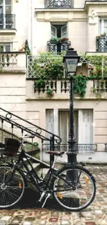 A charming Paris street with a bicycle and classic architecture.