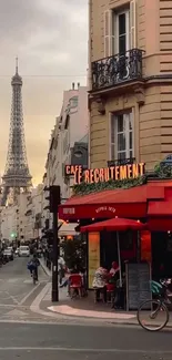 Paris café scene with Eiffel Tower in the background.