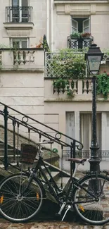 Vintage bicycle by a Parisian street lamp and building.