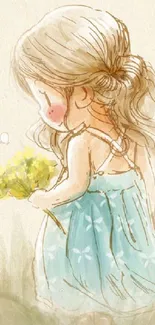 Artistic pastel wallpaper of a girl holding flowers.