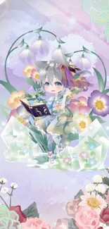 Whimsical fantasy wallpaper with pastel flowers and character.