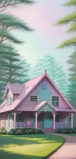 Pastel-colored cottage in a serene forest setting.