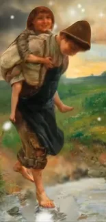 Older child carries younger in pastoral scene.