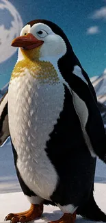 A cartoon penguin stands on snowy ground with mountains in the background.