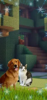 Minecraft wallpaper with dog and cat in a lush digital landscape.