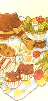 Charming picnic illustration with vibrant food items.