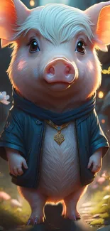 Adorable pig in a blue jacket stands charmingly in an enchanted forest setting.