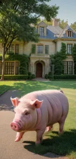 A playful pig standing in front of a grand mansion surrounded by lush greenery.