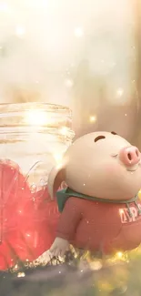 Cute piglet beside glowing jar mobile wallpaper.