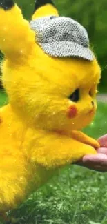 Adorable Pikachu extends paw to human hand on grassy field.