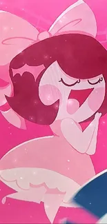 Cartoon character sings joyfully in a pink theme, radiating happiness and music.