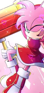 Animated pink character with a hammer in playful pose.