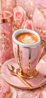 Pink coffee set with luxury design elements and roses.