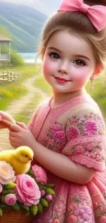 Little girl in pink dress with floral basket and chicks.