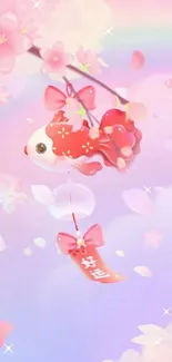 Charming pink fish mobile wallpaper with cherry blossoms.