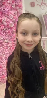 A young girl in front of a pink floral wall.