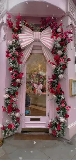 Charming pink shopfront with floral decorations.