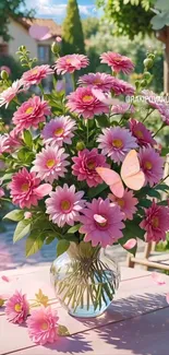 Vibrant pink daisy bouquet in a glass vase with a butterfly on a sunny day.