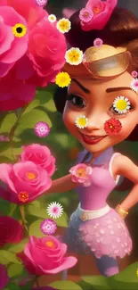 Animated character with pink roses in a whimsical garden setting.