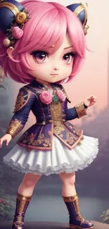 Chibi anime character with pink hair in a fantasy setting, elegant attire.