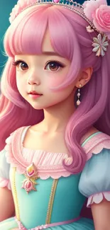 Fantasy princess with pink hair in a dreamy, serene setting.