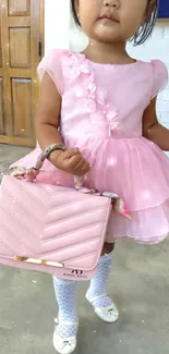 Child in pink dress with matching handbag.