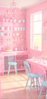 Pastel pink kitchen with elegant decor and soft lighting.