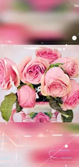 A beautiful bouquet of pink roses with lush green leaves.