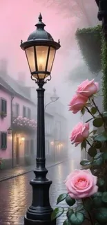 Misty street with roses and vintage lamppost.