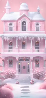 Charming pink house covered in snow with festive wreaths, perfect for mobile wallpaper.