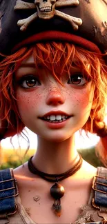 Animated pirate girl with red hair and hat