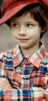 Boy in red cap and plaid shirt, smiling gently.