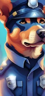 Cartoon police dog in uniform against vibrant blue backdrop.