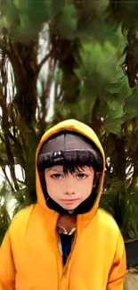 Child in yellow hoodie with leafy backdrop.