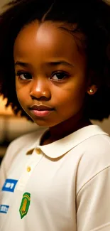 Portrait of a young girl in casual attire with a lamp in the background.